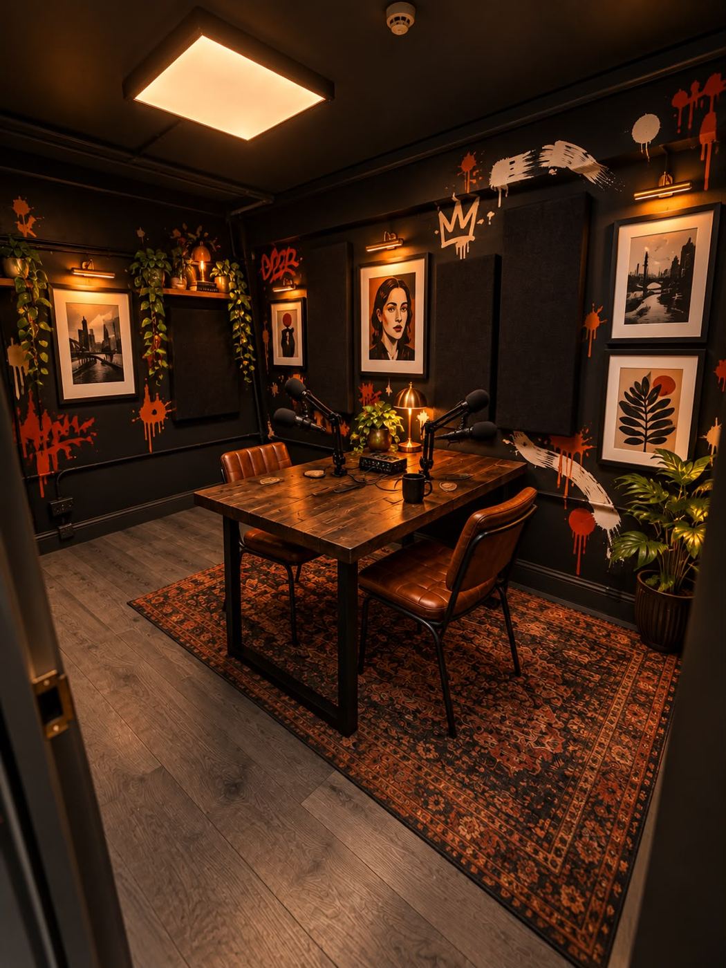 The podcast room: wooden table, two mics, framed prints on dark walls